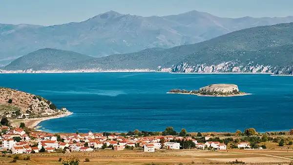 Lin village on a peninsula extending into Lake Ohrid, Albania